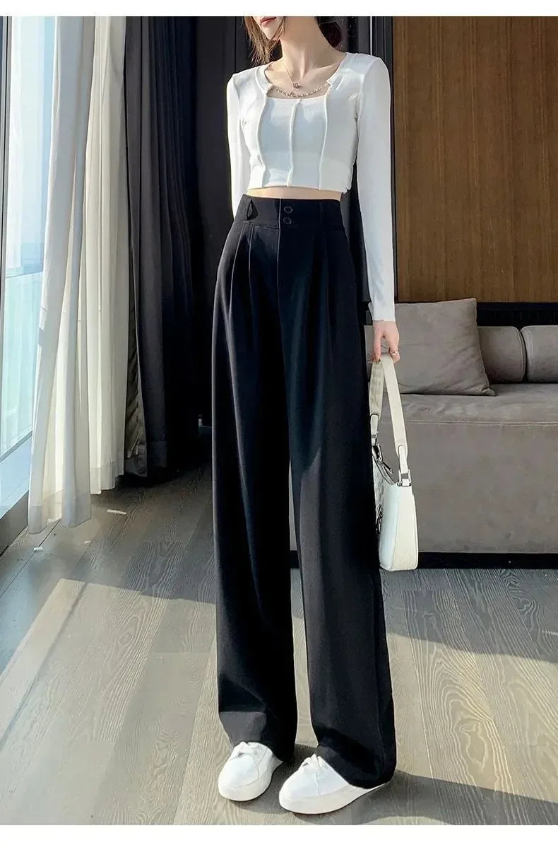 Elegant Wide Leg Pants | Women’s Korean Style High Waist Black Baggy Trousers