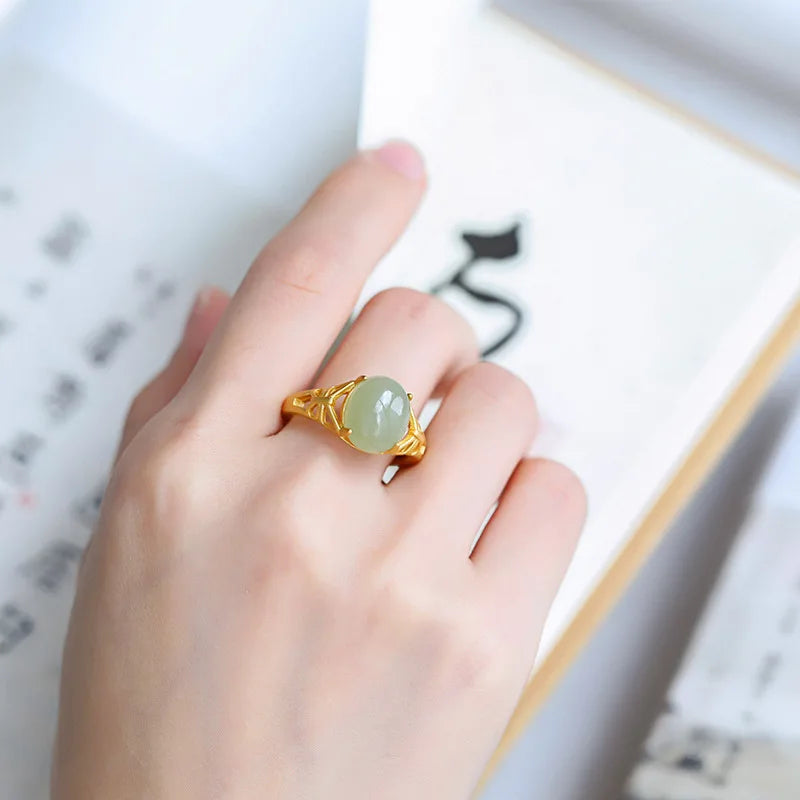 PANJBJ 925 Sterling Silver Hotan Jade Geometric Adjustable Ring | Retro Delicate Jewelry Gift for Women