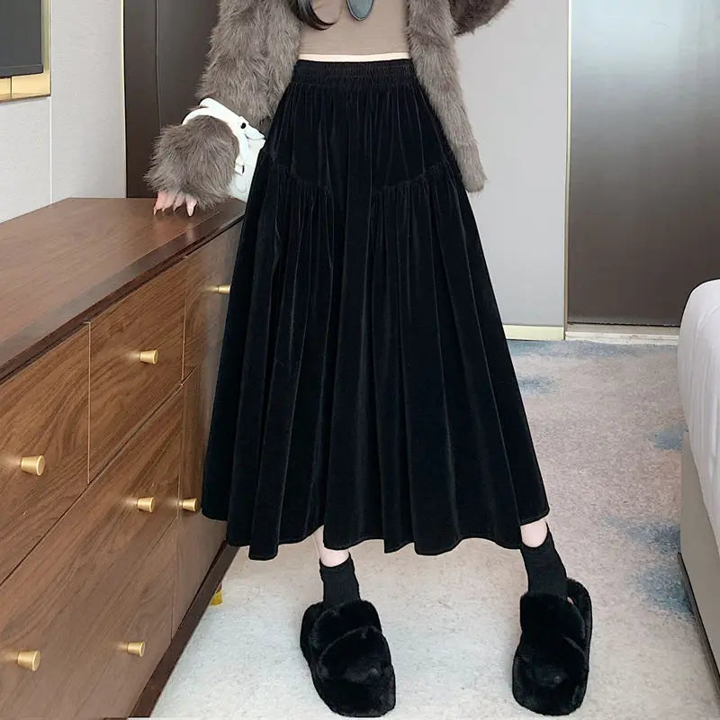 Plus Size Black Velvet Midi Skirt – High Waist A-Line Autumn Winter Mid-Length Skirt for Women