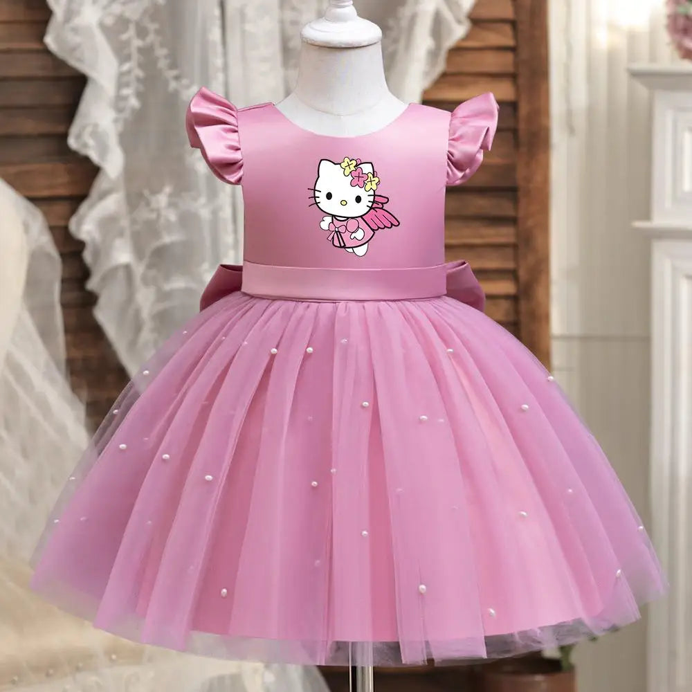 Hello Kitty Girls Pearls Dress – Elegant Princess Wedding Gown, Tulle Birthday Party Dress for Children 3-7Y
