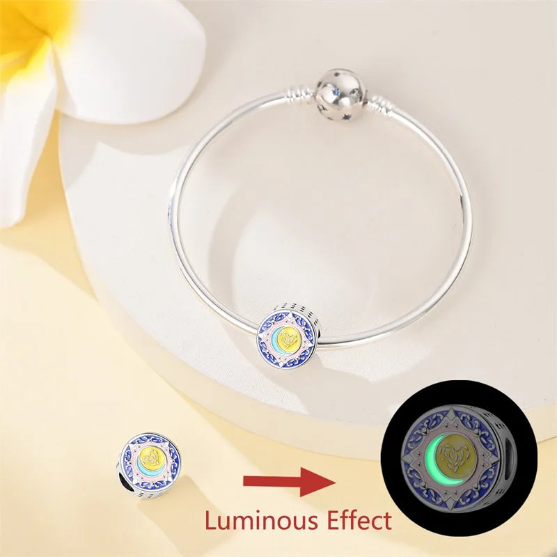 Original 925 Sterling Silver Luminous Lantern & Magic Cat Charm Bead | Glowing Angel Jungle Pendant for Bracelet Jewelry