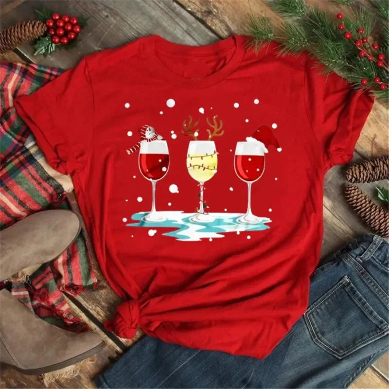 Women’s Christmas Wine Glass T-Shirt | Funny Holiday Black Tee Xmas Gift Top 2025