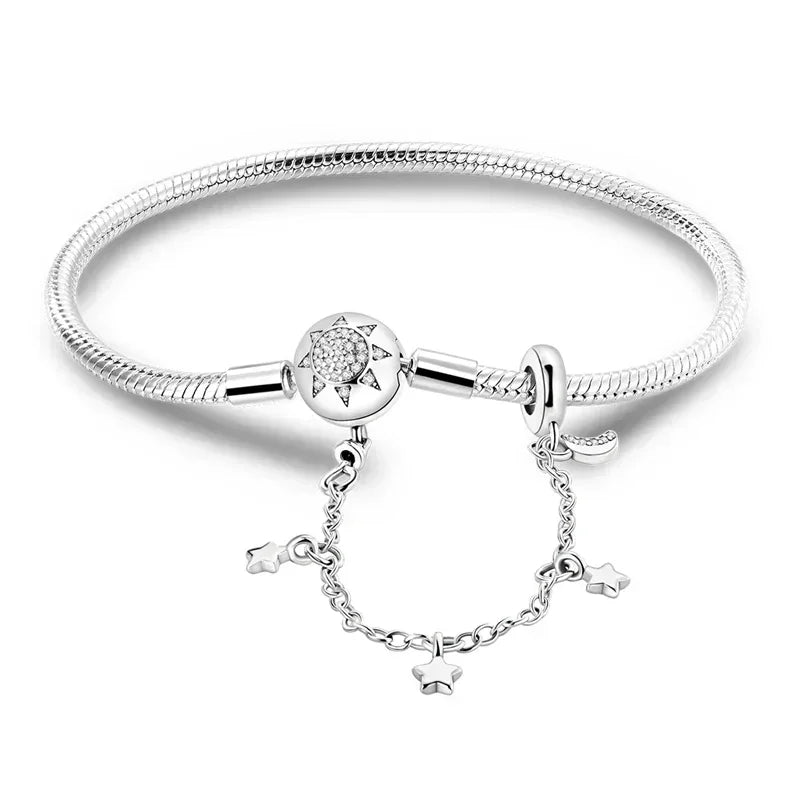 925 Silver Bracelet 17–20CM with Butterfly, Flower, Cat, Shell, Moon & Starfish Charms – DIY Birthday Jewelry Gift