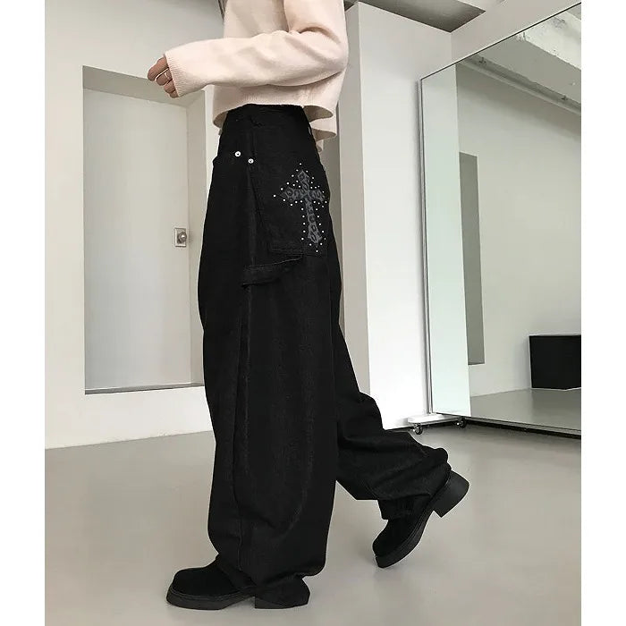 High Waist Wide-Leg Floor-Length Denim Jeans for Women – American Retro Casual Workwear Pants with Beaded Details