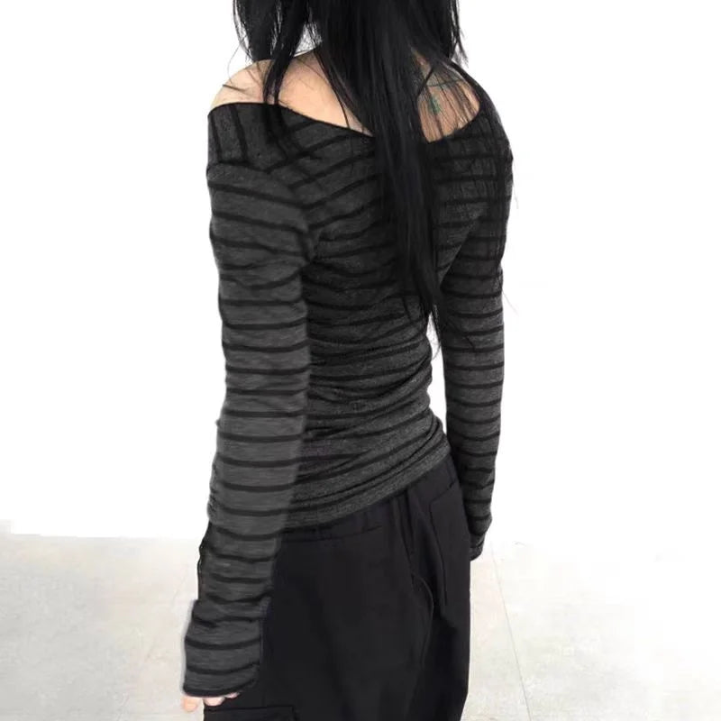 Y2K Grunge Emo Vintage Striped Off Shoulder Long Sleeve Top for Women – Black Grey Retro Goth Tee