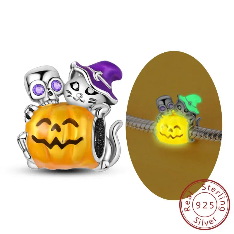 Halloween 925 Sterling Silver Luminous Pumpkin Witch Charm | Skeleton, Mummy & Candy Bead for DIY Bracelet Jewelry Gift