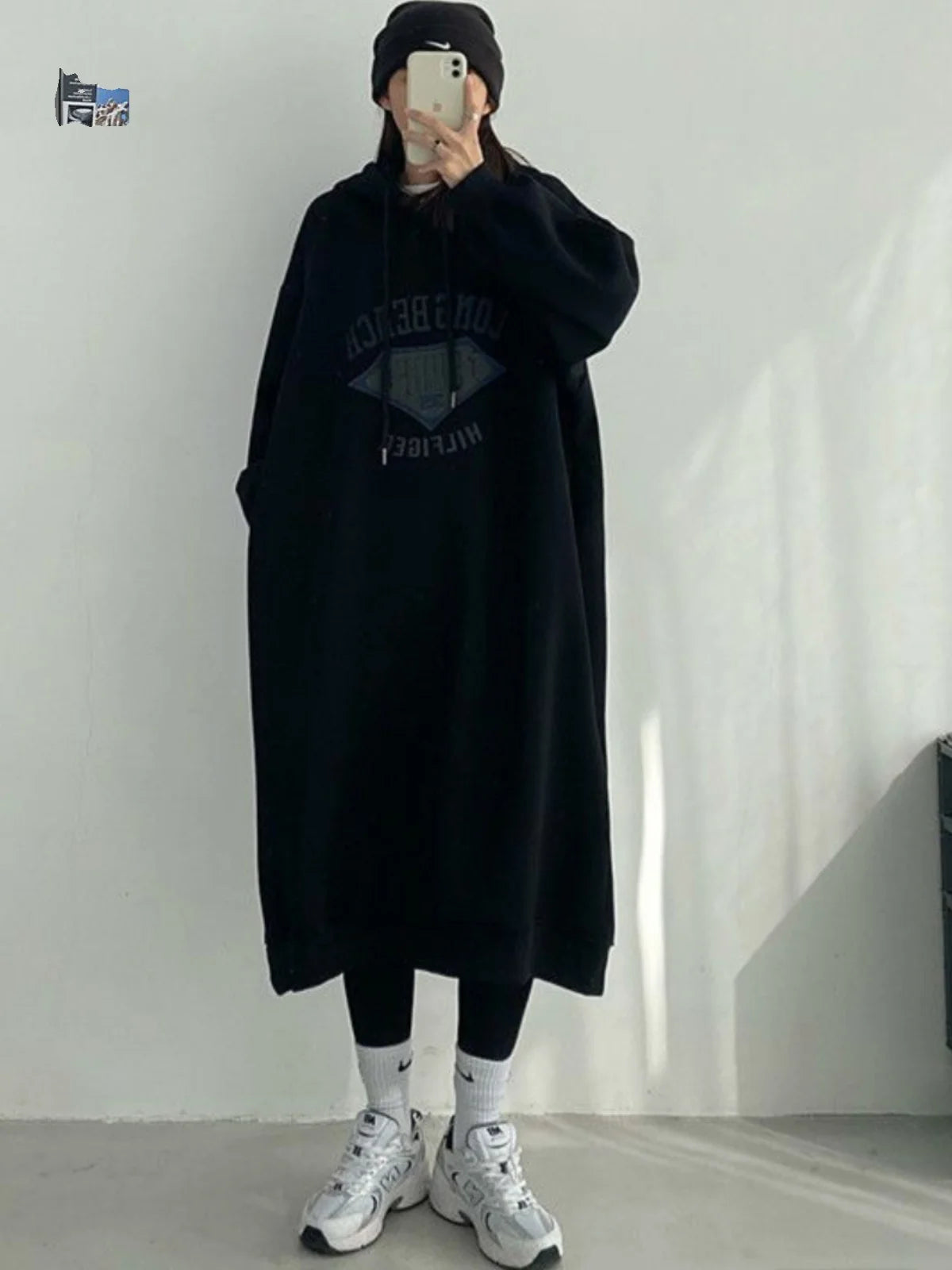 Plus Size Women’s Fleece-Lined Hoodie Dress – Lazy Sleeve Loose A-Line Skirt with Lettering | Autumn & Winter