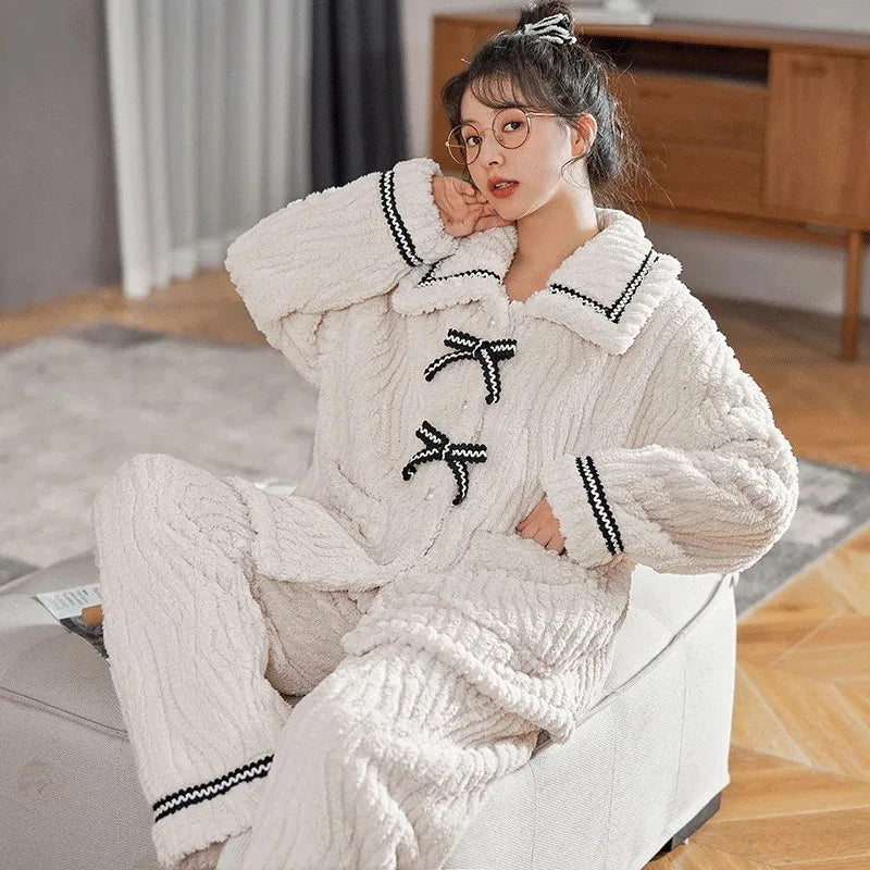 2PCS Women's Pajama Set 👚🩳 Autumn Winter Home Wear ❄️ Thick Padded Warm Princess Loungewear 🌸 Cozy Women's Clothing