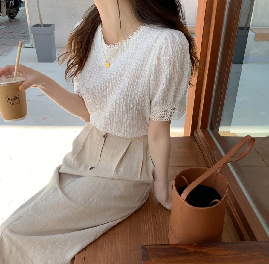 Elegant White Lace Hollow Out Blouse | Fairy-Style Bubble Sleeve Summer Top for Women