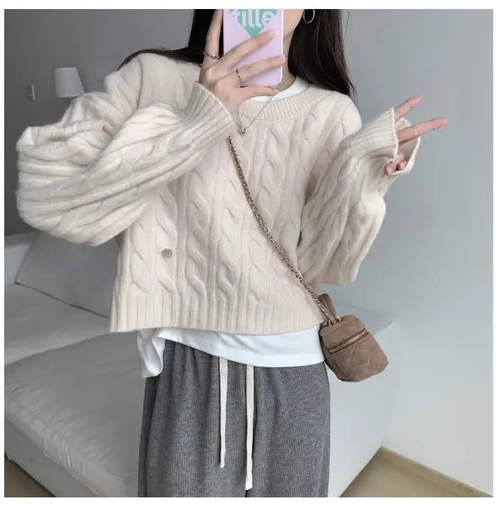 Soft Knit Sweater Women’s Top – Lazy Sleeve Inner Wear | Autumn Winter New Arrival Twist Cotton Long Sleeve Round Neck