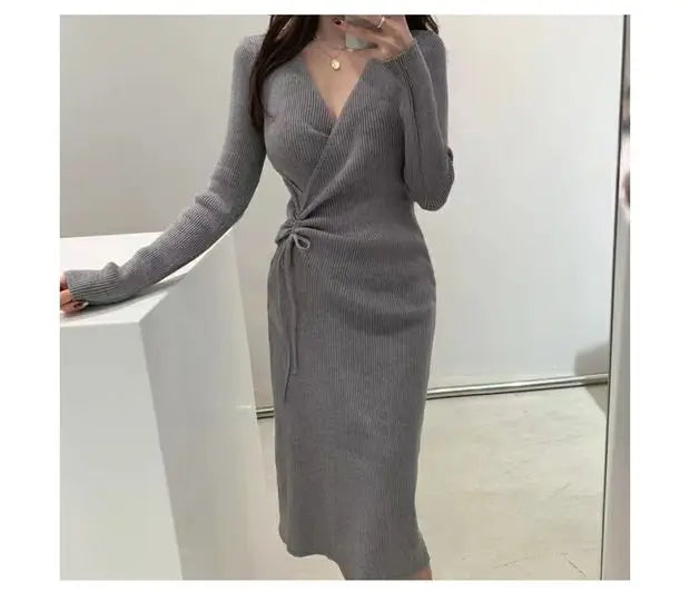 Chic V-Neck Pleated Drawstring Slimming Mid-Length Wrap Dress – Women’s Knitted Sweater Dress | Korean Style High Waist A-Line