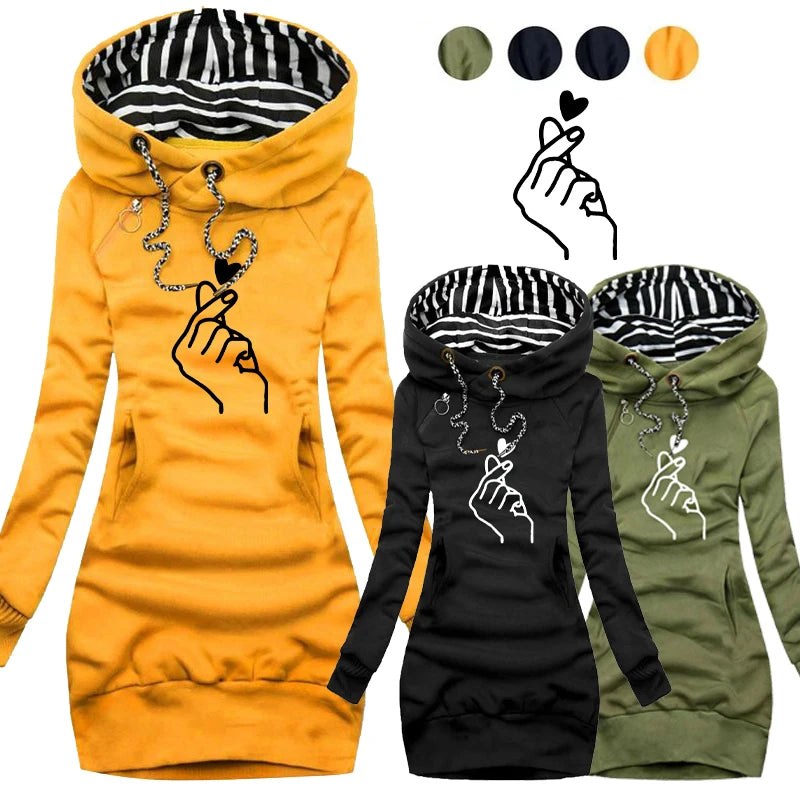 Trending Printed Autumn Winter Women’s Slim Fit Hoodie Dress – Long Sleeve Sweater Hoodie Dress for Casual Fashion