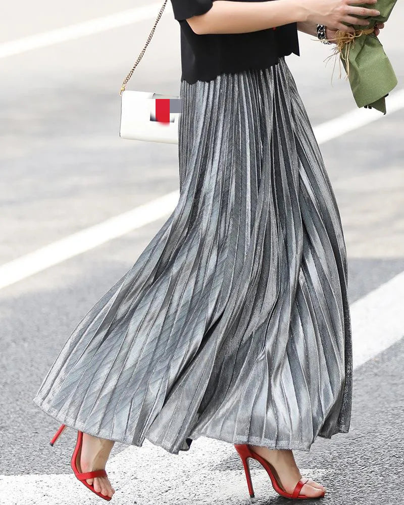 Women’s Check Pleated Maxi Skirt | High Waist Harajuku Long Swing Skirt | Gold Large Size Saias XXL