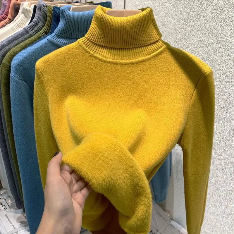 2025 Women’s High Collar Pullover Sweater – Thick Warm Soft Winter Top | Solid Color Bottoming Shirt