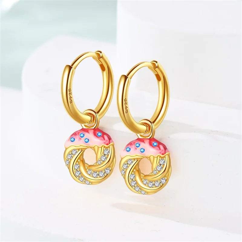 Original 925 Sterling Silver Fruit Series Earrings | Cherry & Strawberry Zircon Hoop Studs for Women Girls Party Jewelry