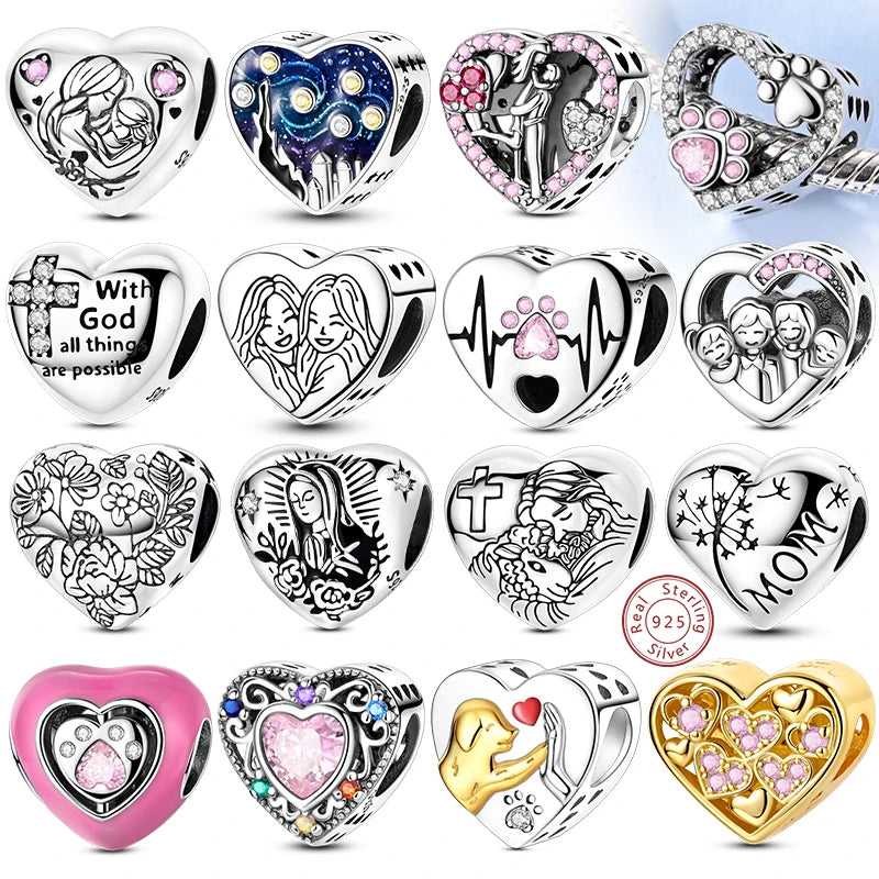 New Love Heart Shaped 925 Sterling Silver Charms – Family & Friendship Charm Beads Fit Original Bracelets for Women