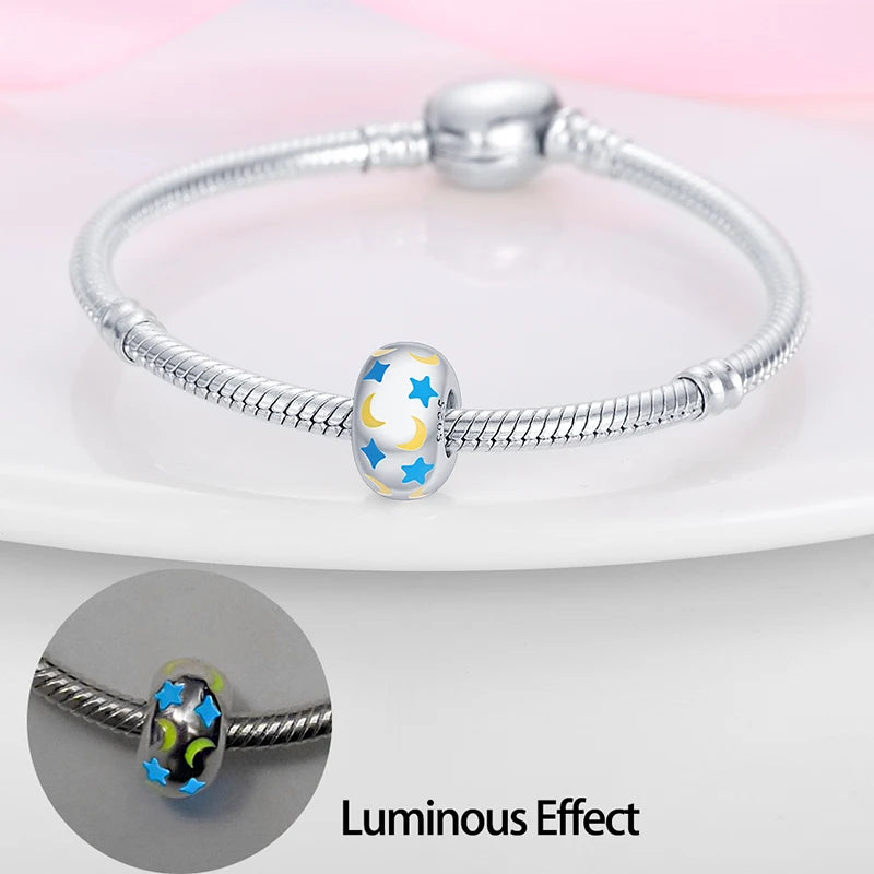 925 Sterling Silver Luminous Butterfly Star Moon Charm Bead | Round Clasp Bead for 3mm DIY Bracelet Jewelry Gift