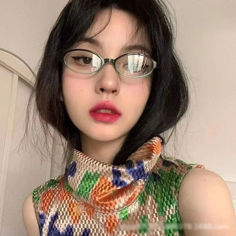 Retro Oval Glasses for Women & Girls – Y2K Red Green Frame Decorative Eyewear | Anti-Blue Light Computer Glasses for Seaside & Driving