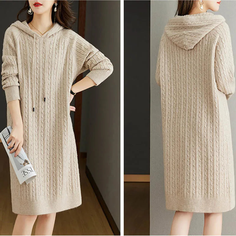 Autumn Winter Women’s Thickened Hooded Sweater Dress – Loose Long Sleeve Knitted Dress for Warm Comfort