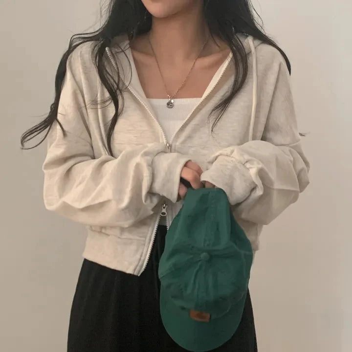 Chic Early Autumn Casual Long Sleeve Hoodie – Double Zipper Loose Versatile Cotton Pullover | Pure Color Commute Wear