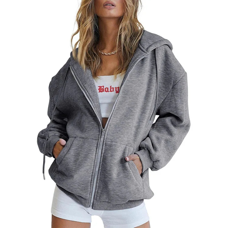 2024 Women’s Solid Hoodie | Elegant Long Sleeve Zipper Drawstring Sweatshirt | Casual Hooded Top with Pockets