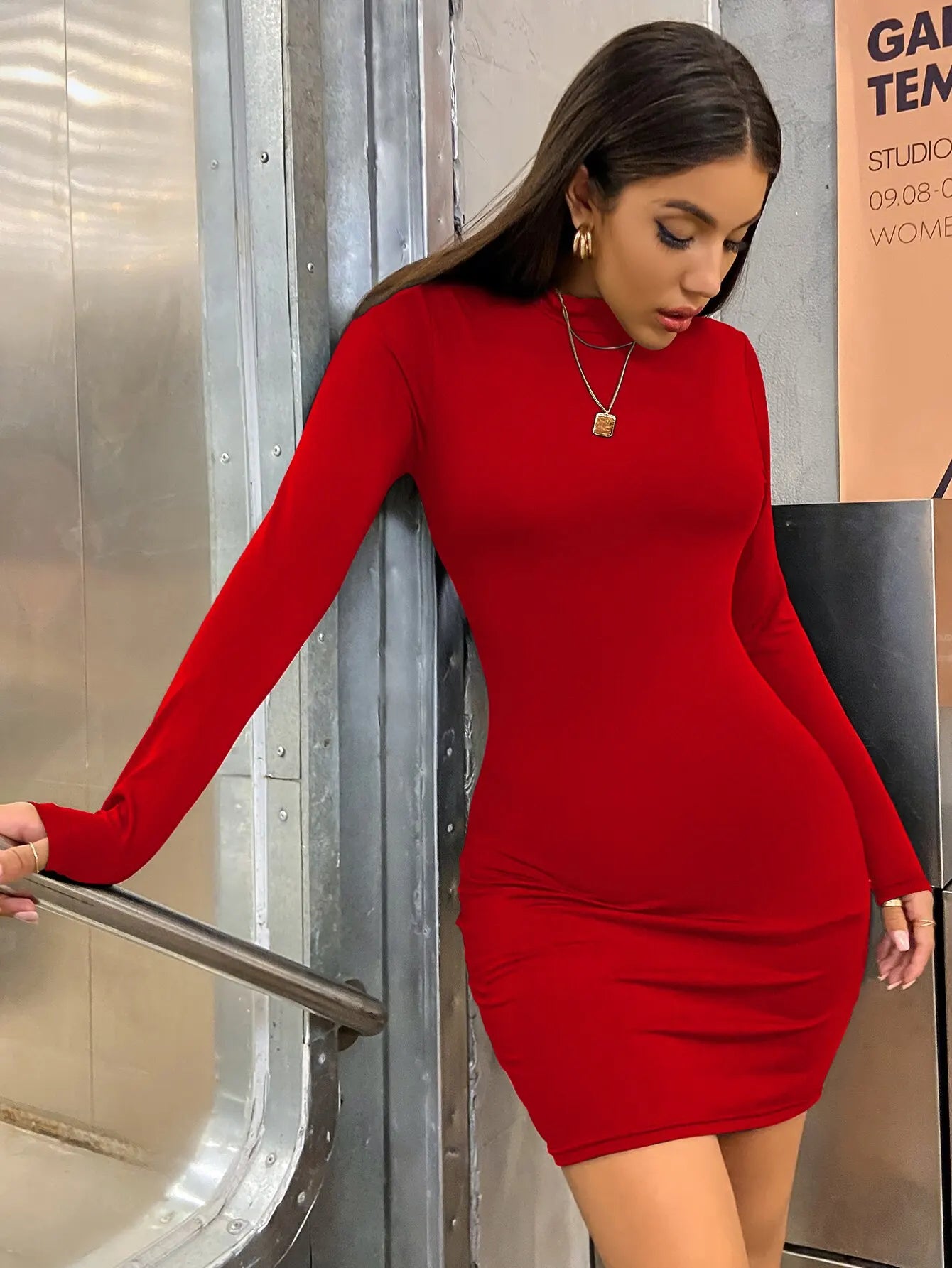 Long Sleeve Slim Bodycon Mini Dress for Women – Turtleneck Ruched Pleated Party Club Evening Dress | Solid Color