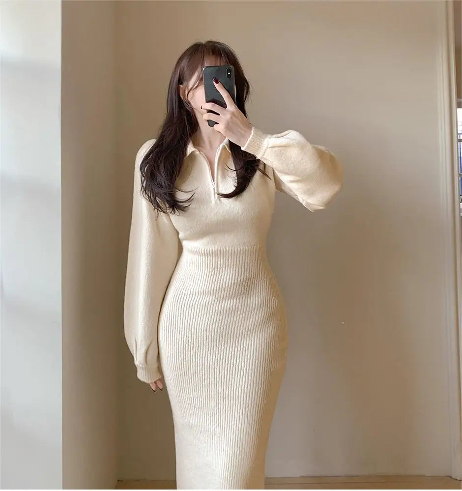 Elegant V-Neck Knitted Dress – Women's Autumn Winter High Waist A-Line Long Skirt, Soft Wrap Body Korean Style