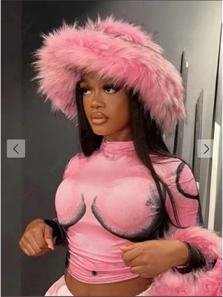 Body Portrait Printed Slim Fit Top | Women’s Long Sleeve Round Neck T-Shirt | Sexy Pink Autumn Streetwear