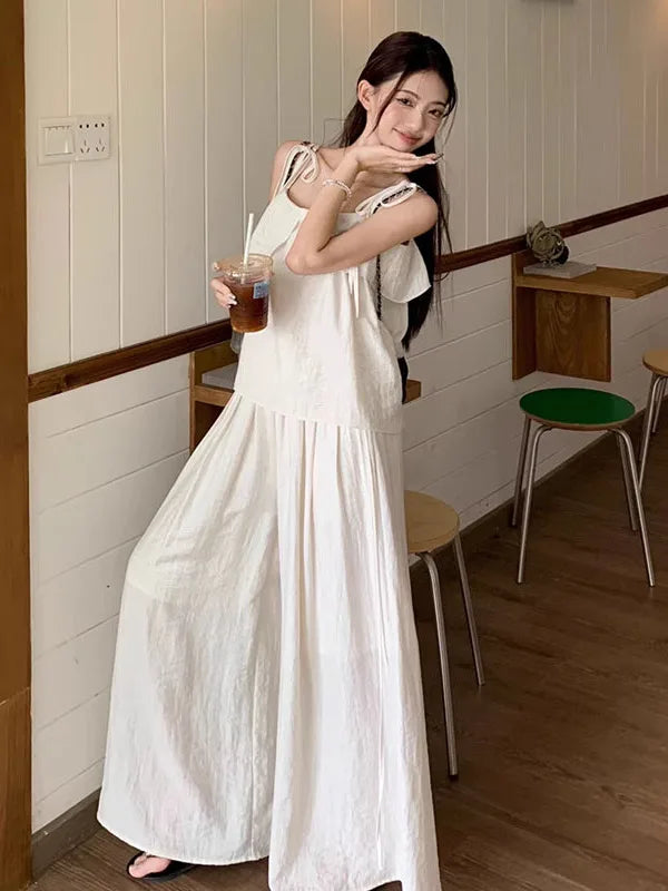 Casual Loose Women’s Two-Piece Set – White Lace Trim Strap Top & High Waist Wide-Leg Pants Summer Fashion Outfit