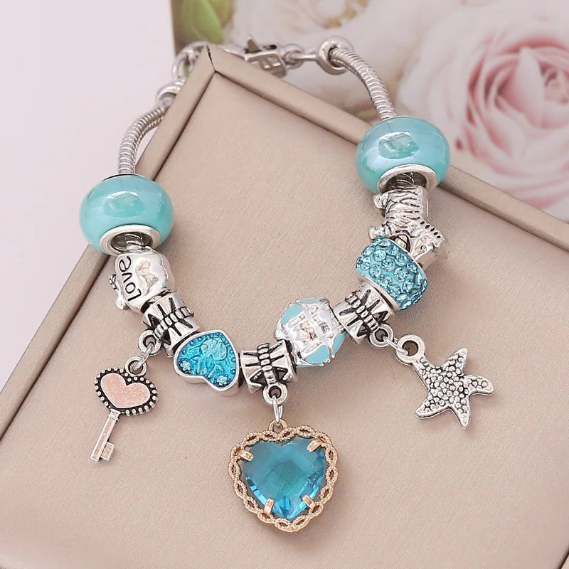 Trendy Colorful Pandora Lucky Rainbow Charm Bracelet | Four-Leaf Clover, Starfish & Heart Pendants