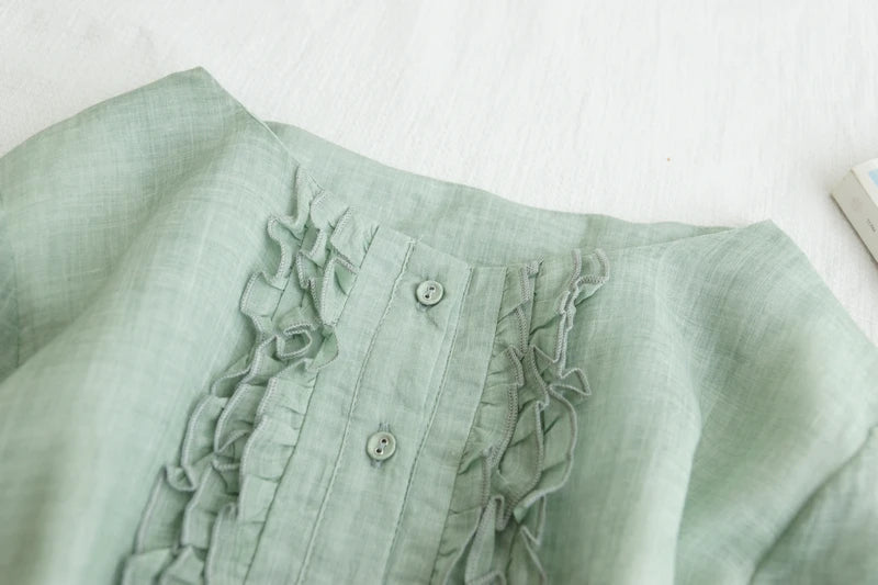 Japanese Style Women’s Long Sleeve Cotton Linen Dress | Wooden Ear Design Loose A-Line Skirt with Waist Belt