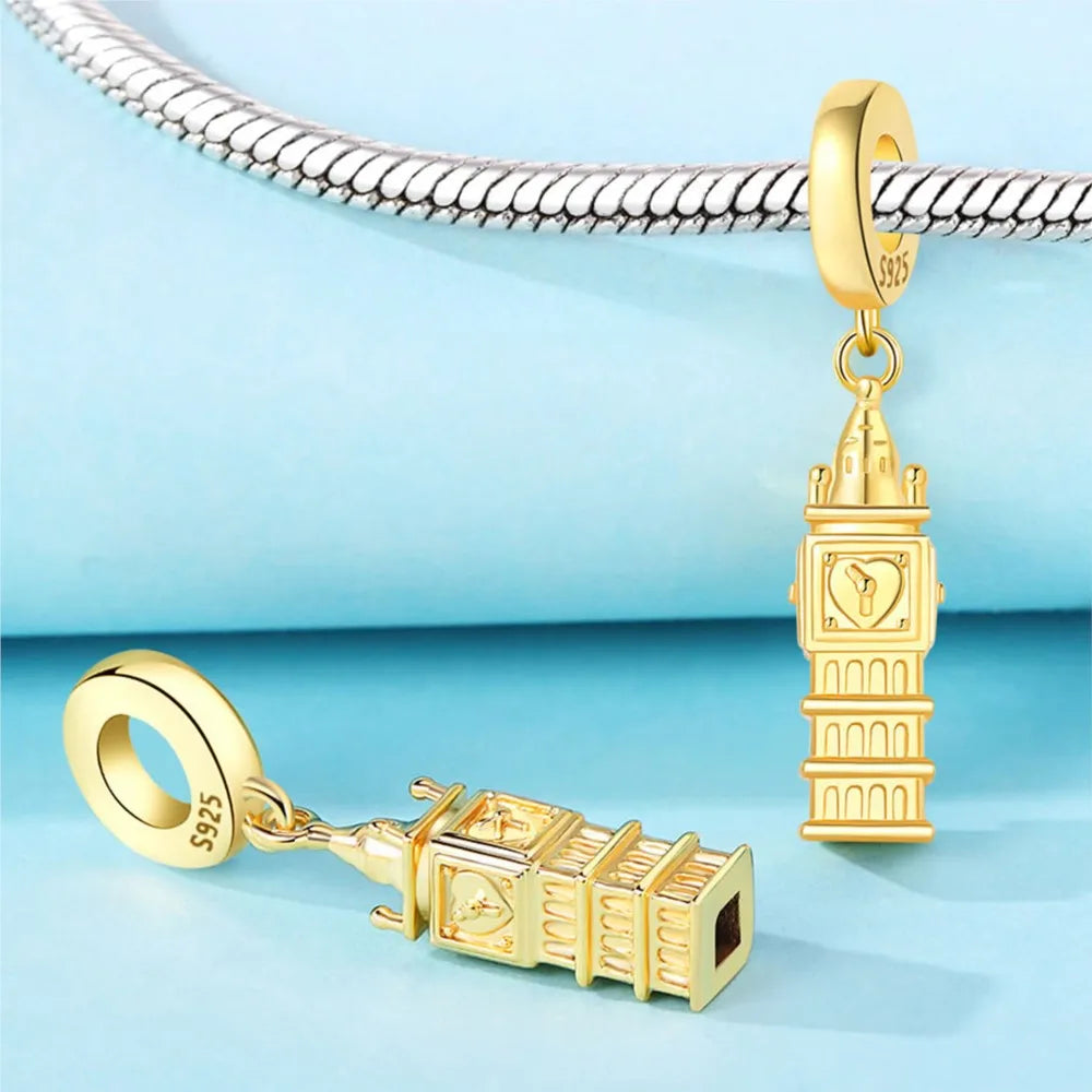 925 Sterling Silver Golden London Big Ben Charm Pendant | Travel Series Bead for Women DIY Bracelet Jewelry Gift