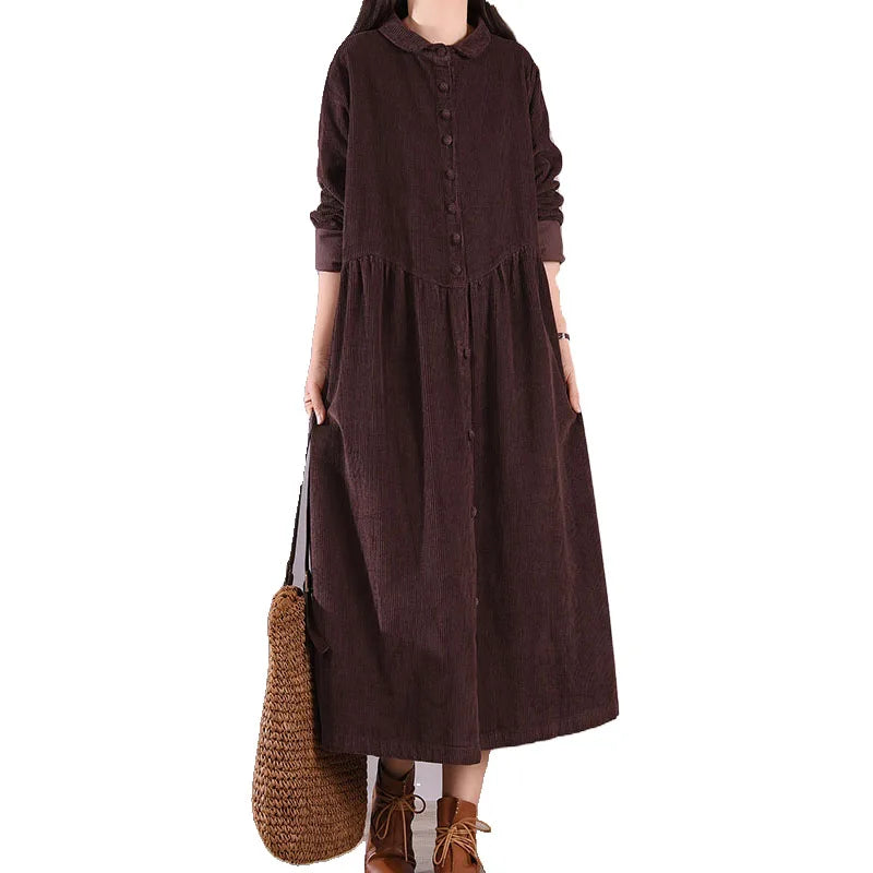Retro Pure Color Corduroy Dr Loose Casual Long irt Dr Women's A-Line Skirt Long Sve  Collar Single Button Closure