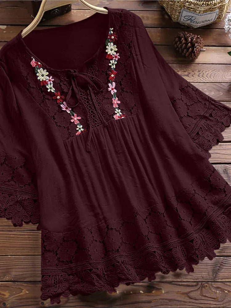 Summer Women Casual V-Neck Blouse – Cotton & Linen Lace Flower Loose Top 🌸☀️