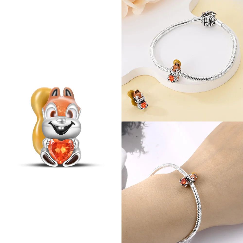 Original 925 Sterling Silver Pink Zircon Cat Dog Squirrel Red Heart Bead | Fit Bracelet Women DIY Jewelry Gift