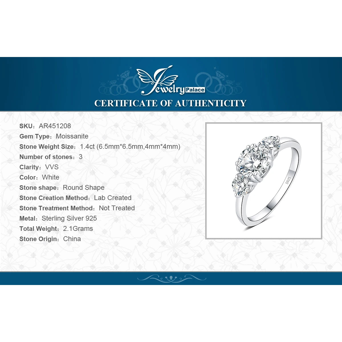 JewelryPalace 1.4ct D Color Moissanite 3 Stone Ring – 925 Sterling Silver Yellow & Rose Gold Plated Wedding Engagement Ring for Women