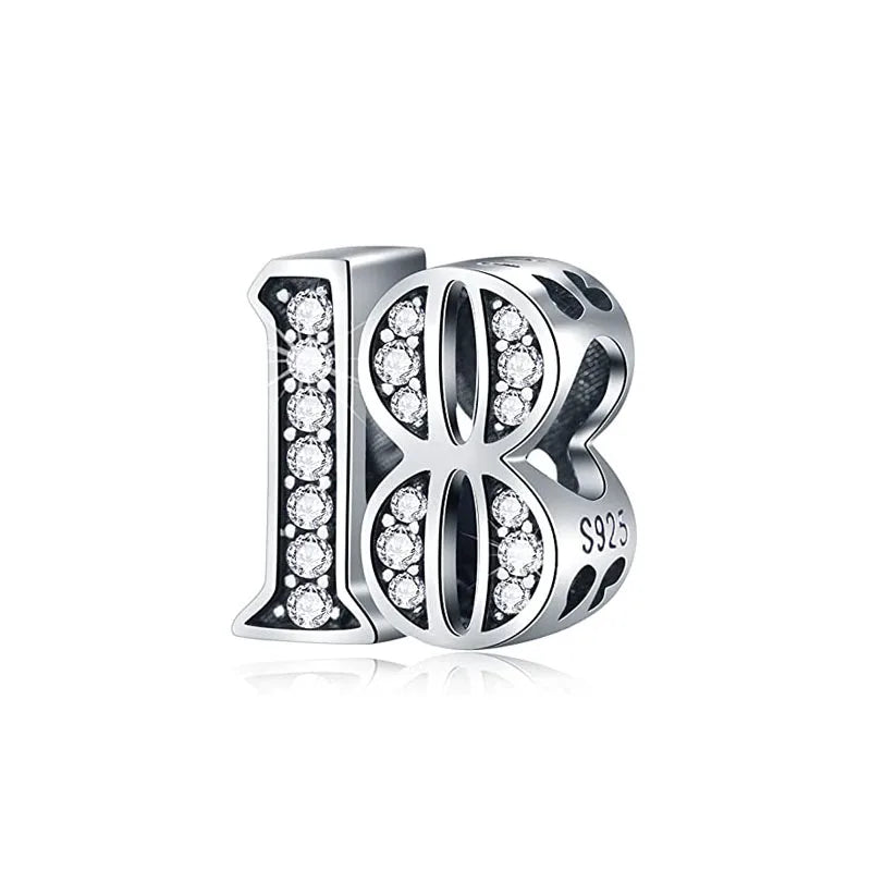 925 Silver Lucky Number Charms 16, 18, 21, 40 – Anniversary & Birthday DIY Bracelet Beads