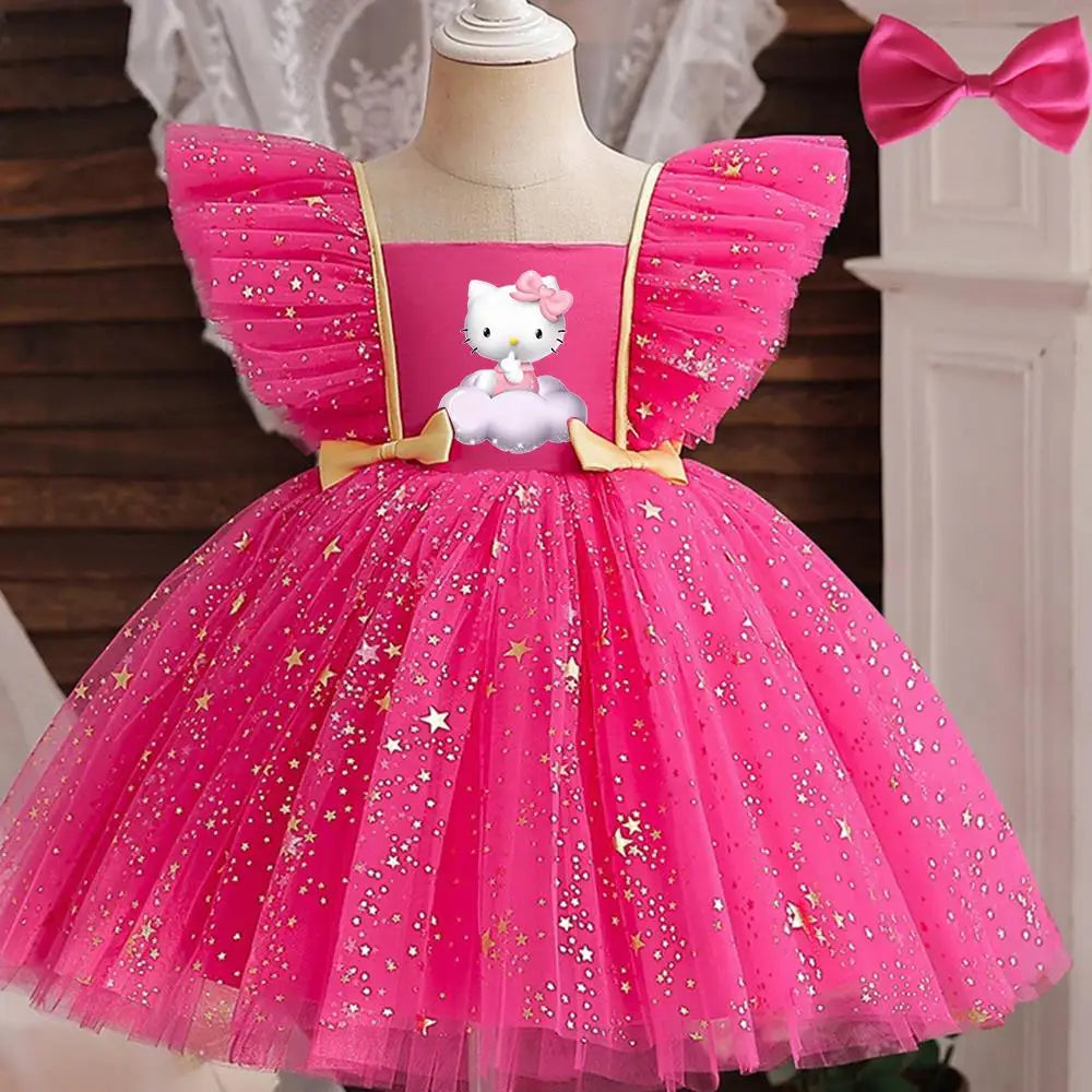Hello Kitty Girl Party Dress Christmas Birthday School Holiday High Waist Tulle Dress Bow Wedding Gown Kids Wear Princess Dress
