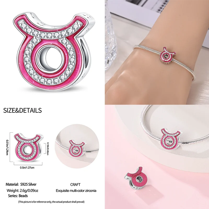 925 Sterling Silver Pink Zircon 12 Zodiac Signs Charms | Fit Original Pandora Bracelets DIY Jewelry Gift for Women