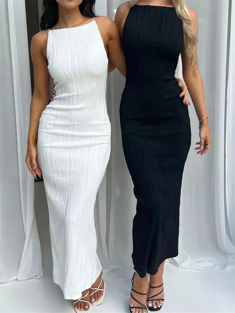 Sexy Women’s Ruched Sleeveless Long Dress – Slim Solid Summer Party Back Split Clubwear Vestido Female