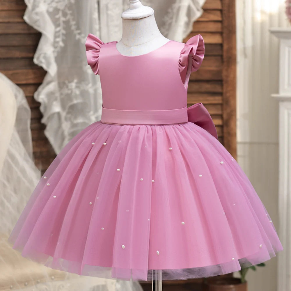 Hello Kitty Girls Pearls Dress – Elegant Princess Wedding Gown, Tulle Birthday Party Dress for Children 3-7Y