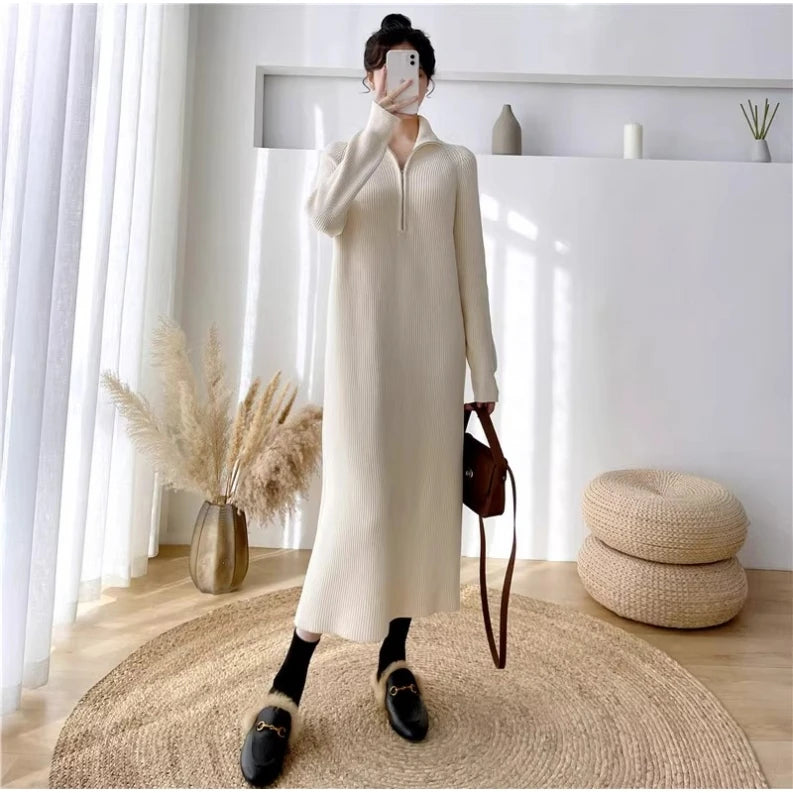 Autumn Winter High Collar Knitted Dress for Women – Loose Fit Long Sleeve Straight Tube Casual Warm Outfit