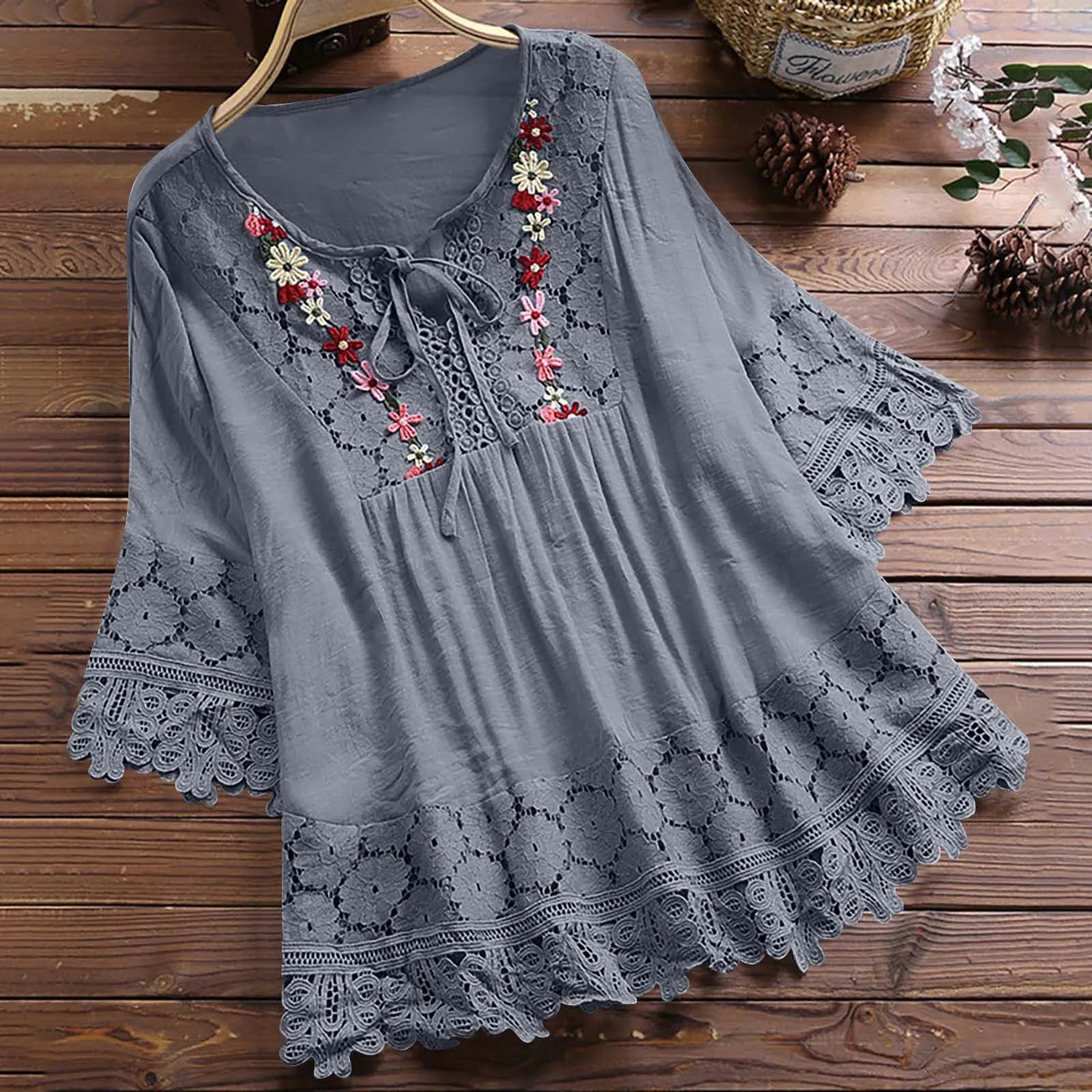 Summer Women Casual V-Neck Blouse – Cotton & Linen Lace Flower Loose Top 🌸☀️