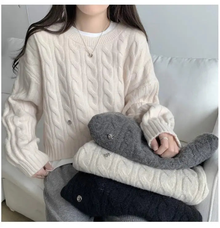 Soft ort Knitted Sweater Women's Top Lazy Sle Inner Wear Autumn Winter New Arrival Twist Cotton Long Sve round Ne Sw...