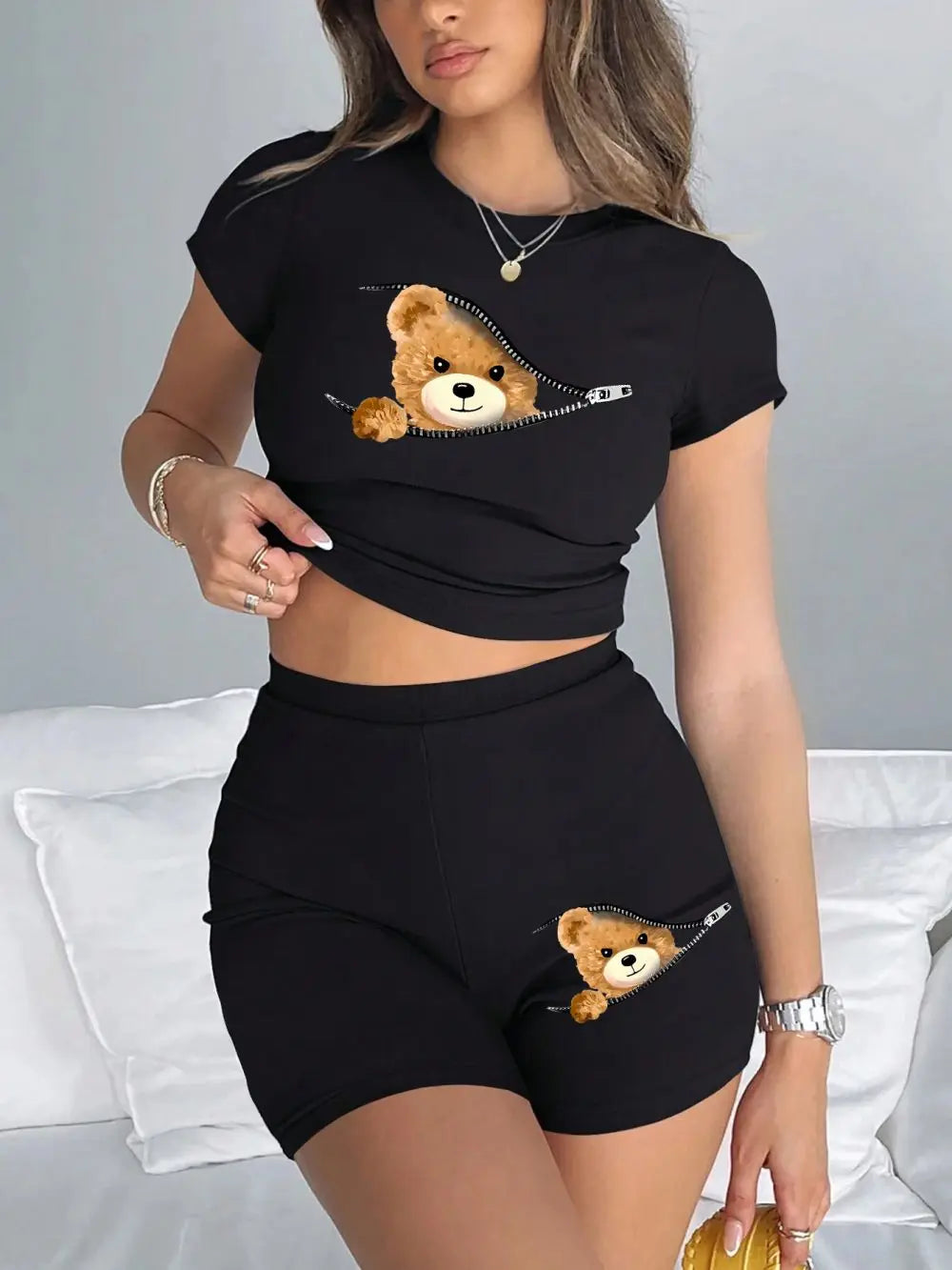 Women’s 2-Piece Slim Crop T-Shirt & Shorts Set – Teddy Bear Zipper Print Sporty Summer Outfit 🧸✨