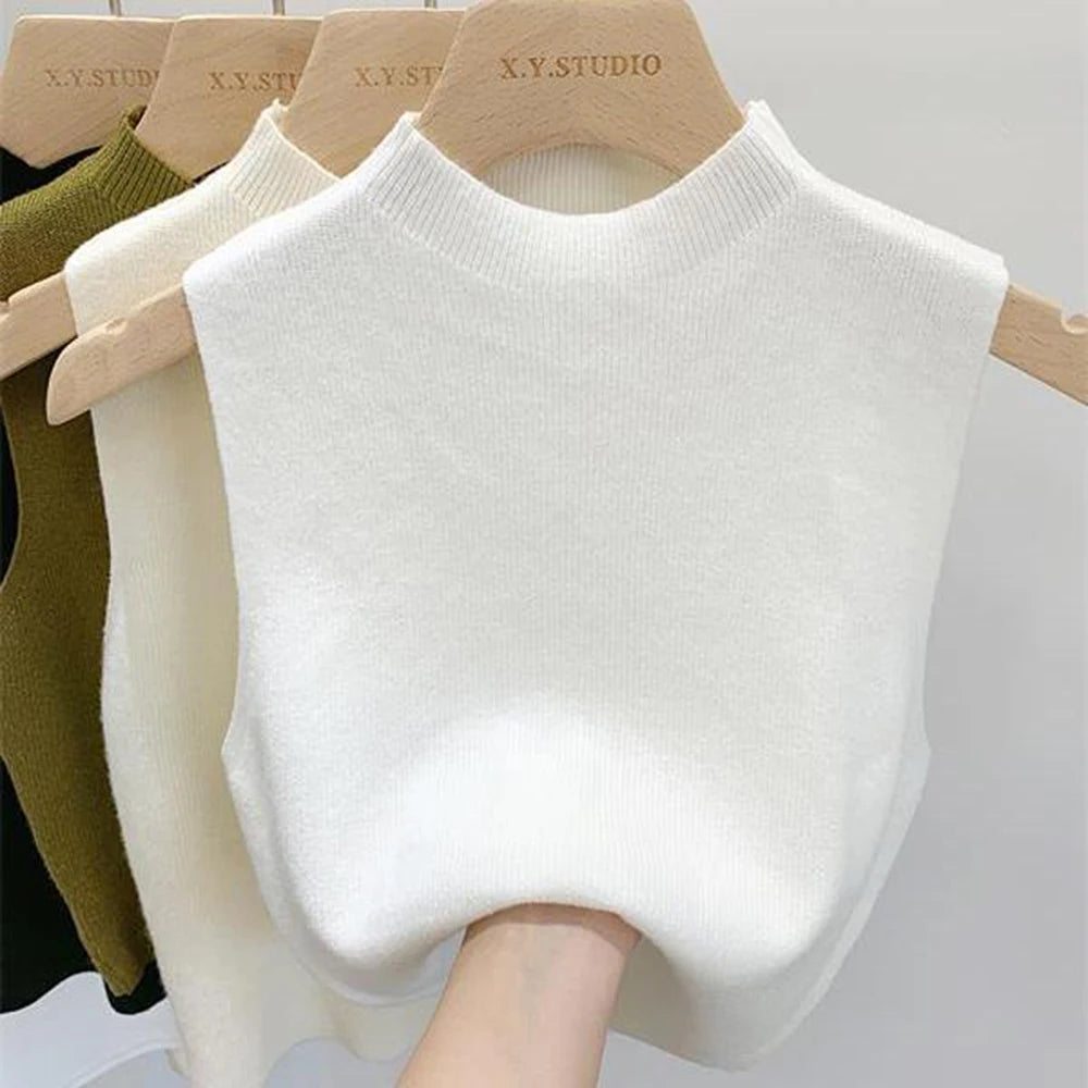 Women’s Knitted Vest Tank Top | Solid Color Cropped Camisole Sweater | Half-Turtleneck Sleeveless Spring Autumn Top
