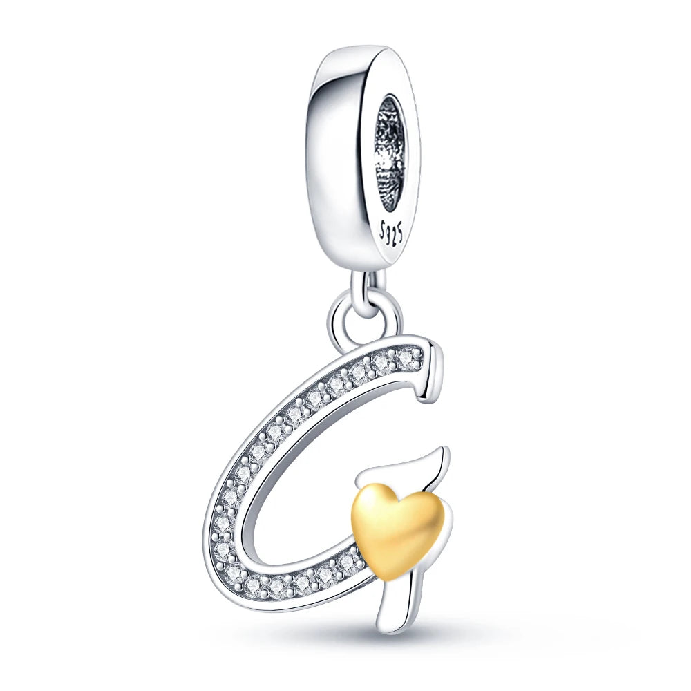 925 Sterling Silver A–Z Alphabet Letter Charms | Gold Heart Beads Fit Original Pan Bracelet | DIY Jewelry Accessories