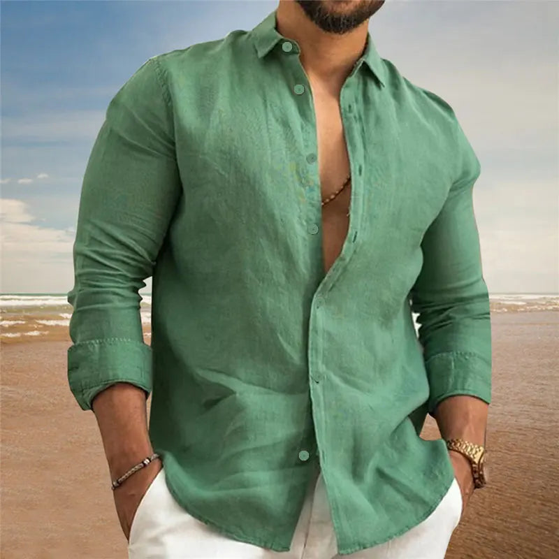 Men’s Linen Casual Shirt | Black & White Button Long Sleeve Beachwear S-3XL