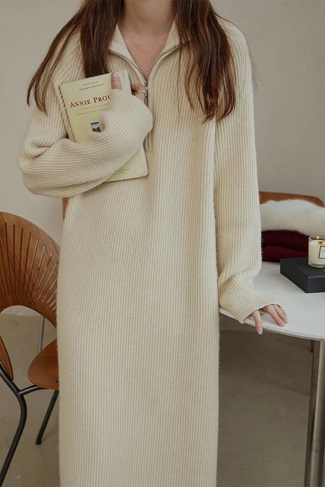 Plus Size Women's Knitted Midi Dress – Casual Loose Waist H-Shape Straight Tube Skirt, Long Sleeve Pure Color Polyester Fiber