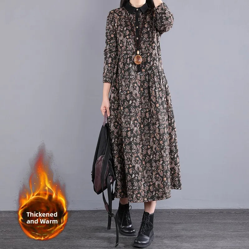 Thickened Floral Print Retro Women’s Dress – Cotton-Lined Warm A-Line Skirt with Long Sleeves & Collar | Winter Casual Dress